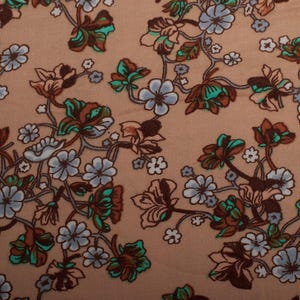 Vintage Viscose Fabric, Beige Brown Teal Floral Print, 1970s Dressmaking Material