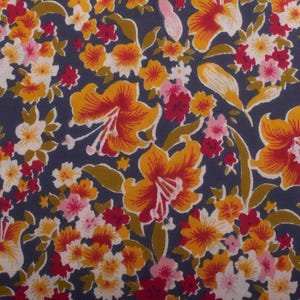 Tessuto vintage in cotone con fiori hawaiani, stampa floreale arancione anni '80, tessuti morbidi e leggeri
