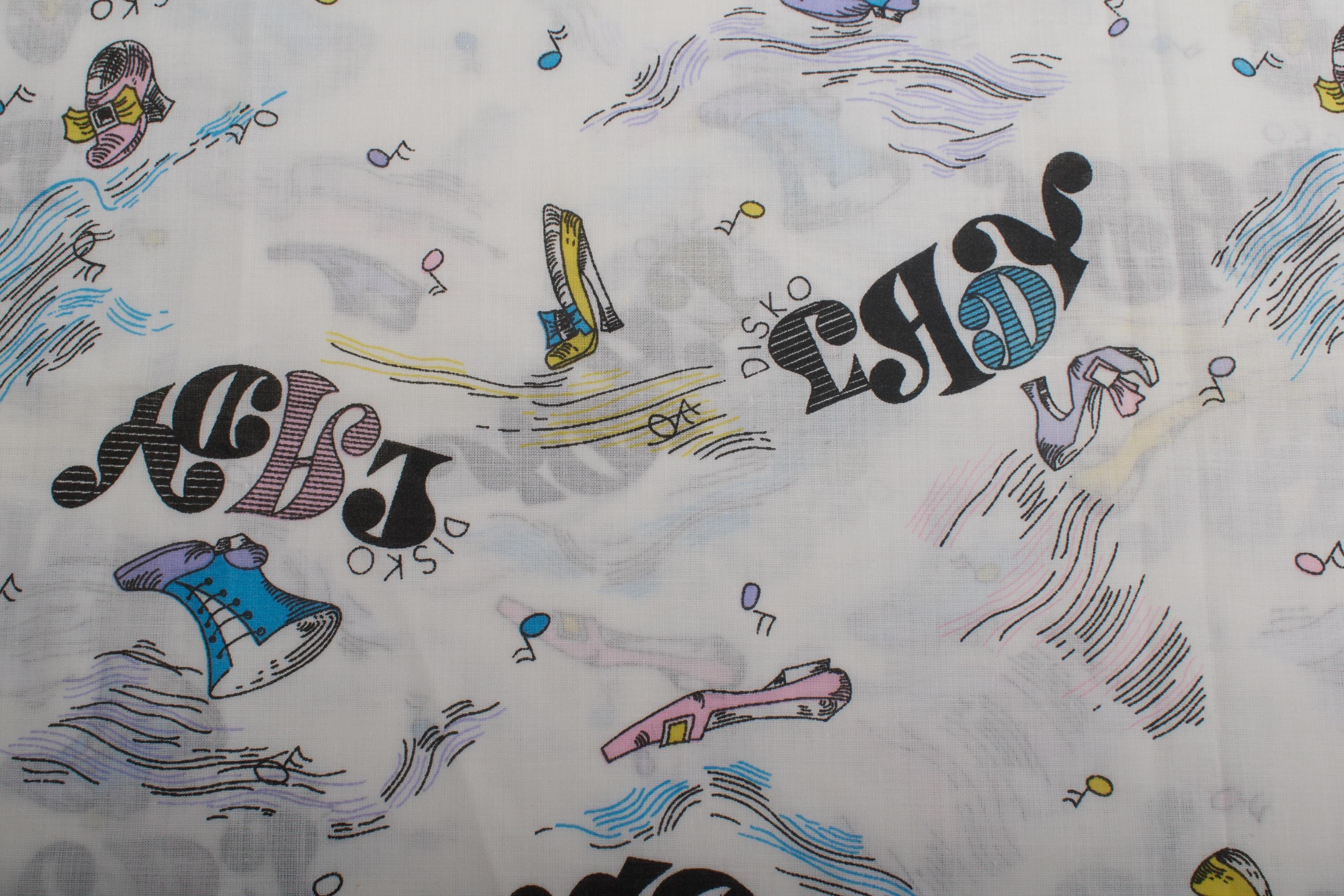 1970s Vintage Dressmaking Fabric, White Shoes Disco Print, Sheer Cotton Blend Material