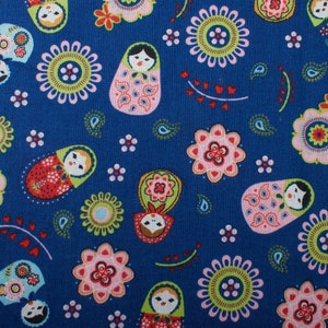 1990s Vintage Ditsy Floral Cotton Fabric, blue pink nesting dolls, 1.7 yds by 53&quot;