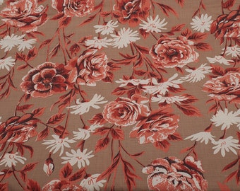 1970s Vintage blend cotton Fabric, Barkcloth, pink flowers, Upholstery and Home Decor