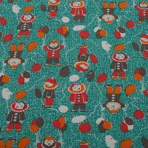 1970s Cotton Fabric clowns balloons green background, home decor