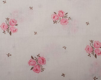 Adorable 1950s Vintage French cotton Fabric, ditsy flowers pink brown white, Quilting Sewing Retro BTY