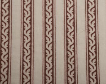 1960s Vintage cotton flannel fabric, white brown floral stripes, Sewing Material