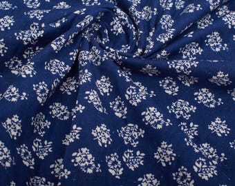 Indigo Floral Cotton Fabric, 1980s Vintage Blue White Botanical Print, 2.6 yds by 33"