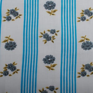 Vintage Cotton Fabric, Blue Gray Floral Stripes, 1960s Home Decor Material