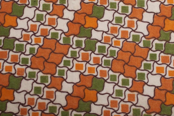 1960s Vintage Orange Green Geometric Flannel, Retro Cotton Fabric, Super Soft Vibrant