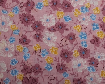 1990s Vintage Ditsy Floral Cotton Fabric, pink yellow blue flowers, Quilting Sewing Retro BTY