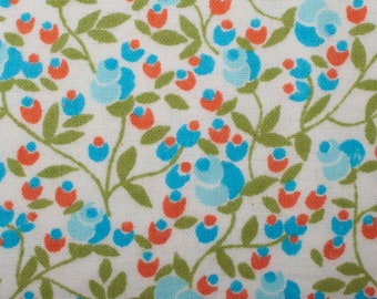 Amazing 1970s Vintage cotton flannel fabric, blue red green white floral, Quilting Sewing BTY