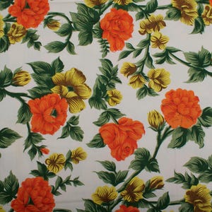 Vintage 1970s Cotton Sateen Fabric, Large Orange Flowers on White, Sewing Material BTY