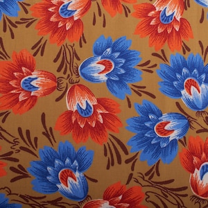 Vibrant Red Blue Floral Cotton 1970s Vintage Fabric