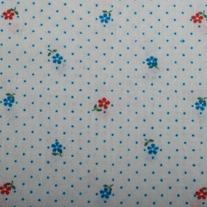Tessuto vintage in cotone francese, con stampa floreale a pois bianchi, blu e rossi, anni '60