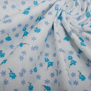 French Cotton Floral Print Fabric, 1960s Blue Daisy Pattern Sewing Material