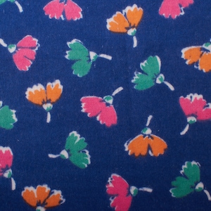1960s Vintage cotton flannel fabric, ditsy flowers, pink green orange on blue Quilting Sewing BTY