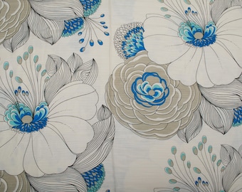 Vintage Cotton Viscose Fabric, White, Blue, Floral Print, Decorative Fabric 1970s