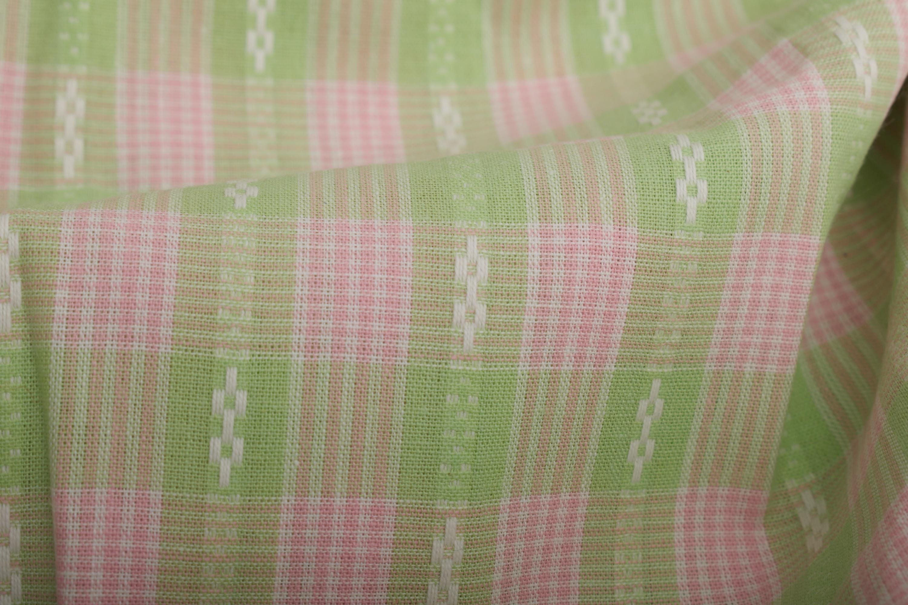 Jacquard Cotton Fabric, Pink Green Plaid Pattern, 1960s Vintage Sewing Material