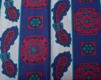 1970s Vintage polished cotton fabric, paisley floral wide stripes, blue pink white BTY