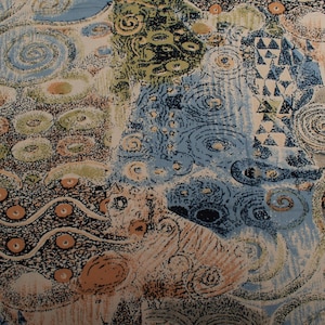 Vintage Viscose Fabric, Abstract Print, Blue, Brown, Green, 1960s Dress Fabric