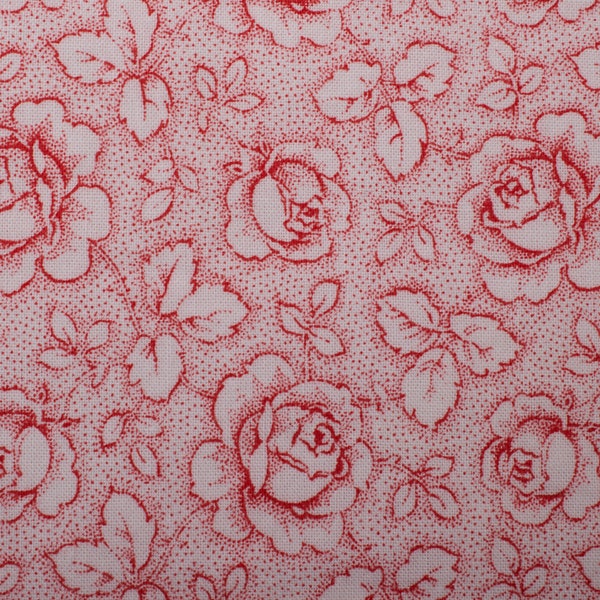 1950s Vintage french floral fabric, patchwork fabric quilting antique fabric, red roses fabric, sewing fabric shabby chic