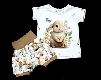 Set T-Shirt und Shorts Hase Reh Fuchs Baumwolle Schmetterling kurze Hose Geschenk Mädchen Jungen braun