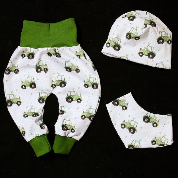 Handmade Pumphose Dreieckstuch Stirnband Set Traktor Bulldog Trekker Fahrzeuge grün Geschenk zur Geburt weisen Babyparty Jungen Jungs 56 62