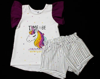 Set T-Shirt und Shorts "Time to be unicorn" Einhorn Bio-Baumwolljersey Rüschenshirt kurze Hose Geschenk Mädchen rosa Prinzessin Regenbogen