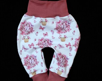 Pantalones de bomba hechos a mano pantalones de cera mariposa globo rosa violeta pantalones de bebé algodón orgánico jersey niñas regalo