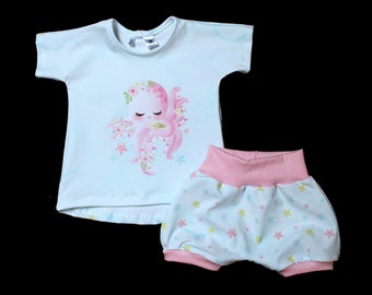 Set T-Shirt und Shorts Tintenfisch Meer Baumwolle  kurze Hose Geschenk Mädchen Krake Tiere rosa blau 56 62 68 74 80 86 92 98 104 110 116