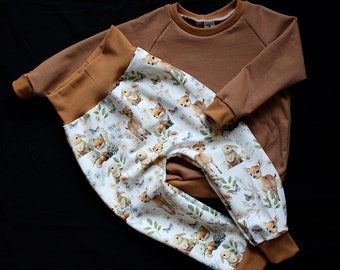 Handmade Set Pumphose und Pulli Pullover Sweater Mitwachshose braun Reh Fuchs Waldtiere Babyhose 62 68 74 80 86 92 98 104 Jungs Mädchen Baby