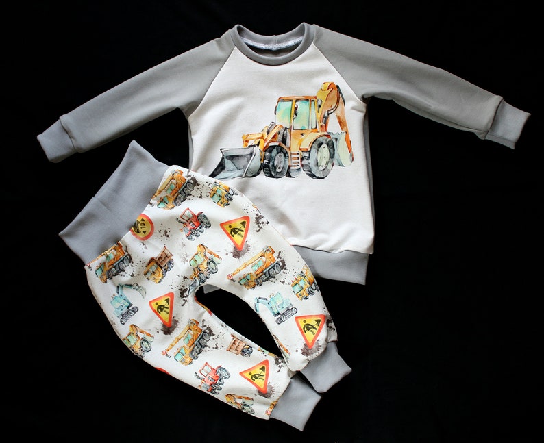 Handmade Pulli Lader Bagger LKW Baustelle Fahrzeug Pullover Jungs warm Winter Herbst Baumwolle Kinderpulli Babypulli Geschenk Baby Jungs Set Bild 1