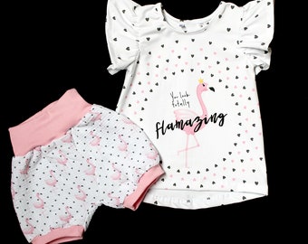 Set T-Shirt und Shorts Bio-Musselin und Bio-Baumwolljersey Flamingo Rüschenshirt Krone kurze Hose Geschenk Mädchen rosa Prinzessin
