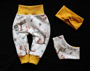 Handmade Pumphose Dreieckstuch Stirnband Set Waldtiere Fuchs Hase Reh Eichhörnchen Eule boho Federn braun Bio-Baumwolljersey Babyset Mädchen