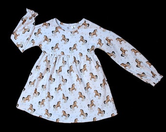 Handmade Tunika Bluse mit Paperbag-Ärmel Pferd Fohlen Tiere braun Kleid festlich elegant Oberteil Mädchen Shirt Longshirt 74 80 86 92 98 104