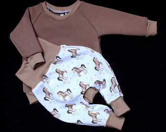 Handmade Set Pumphose und Pulli Pullover Sweater Mitwachshose Tiere Pferd Babyhose 56 62 68 74 80 86 92 98 104 Jungs Mädchen Baby Geschenk