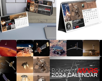 NASA Kalender 2024 Roboter des MARS, Schreibtischkalender 2024, Tischkalender mit Spiralbindung, Weltraumforschung, Mars Planet, Mars Robo, Mars Probe