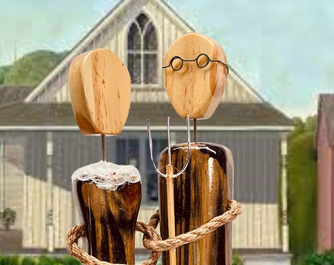 American farmer couple hand carved faceless wood figurine