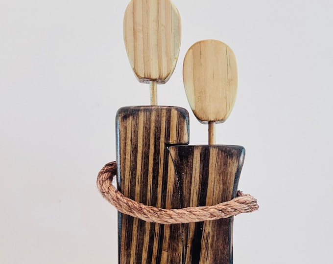 Hand Carved Wood Figurine: Couple in Love, Unity Sculpture