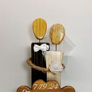 Wedding Couple with name and date sign hand made faceless wood figurine.