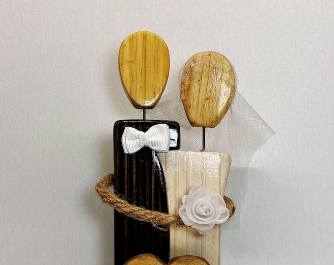 Wedding Couple with name and date sign hand made faceless wood figurine.