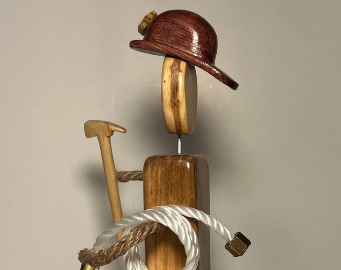 Fireman firefighter hand made faceless Wood Figurine.