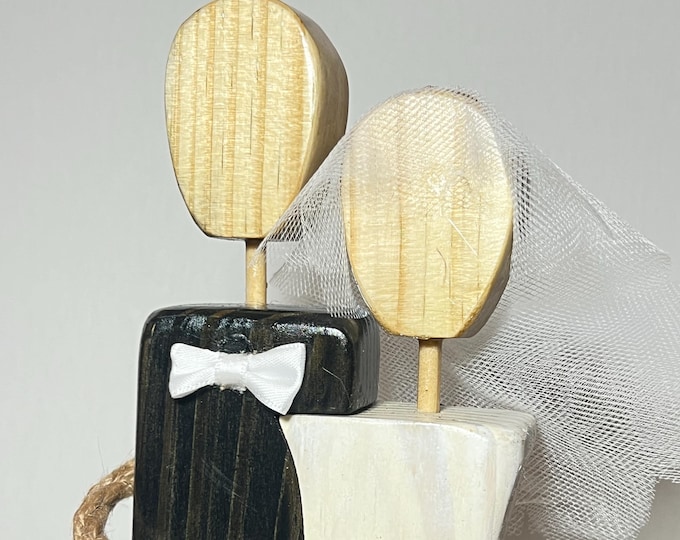 Wedding Couple unity hand made faceless wood figurine.