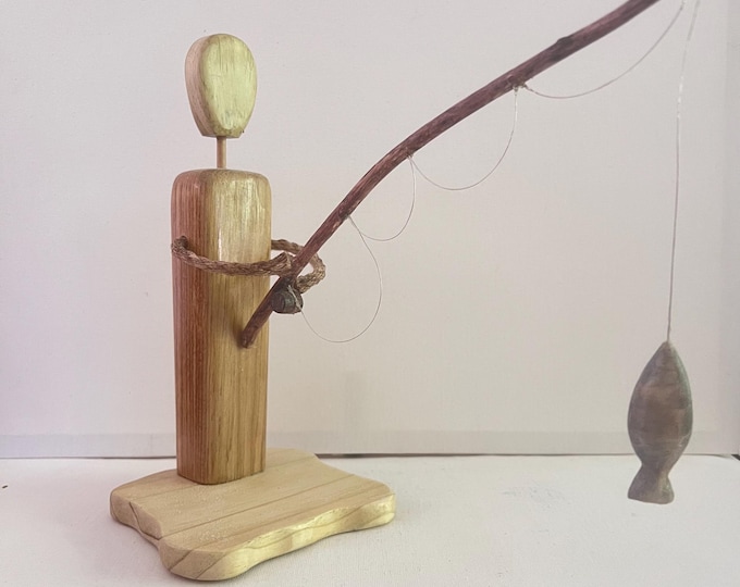 Hand Carved Wood Fisherman Figurine - Rustic Oak Finish Decor