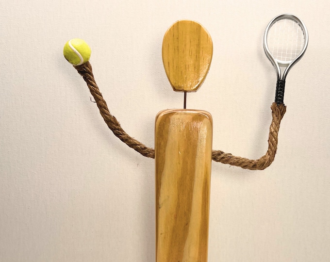 Tennis Player  faceless hand made wood figurine,