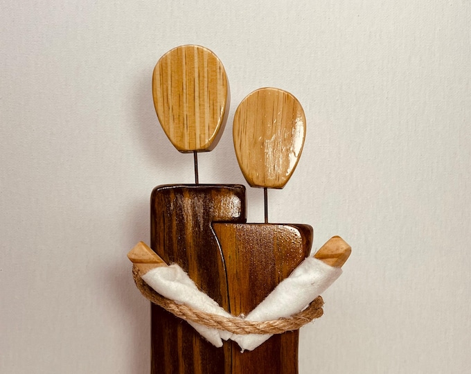 Couple in love holding twin babies hand made unity wood figurine