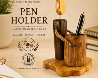 Wooden Pen Holder Figurine | Handmade Desk Organizer