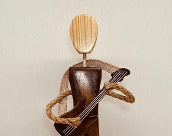 Guitar female hand made faceless wood figurine,