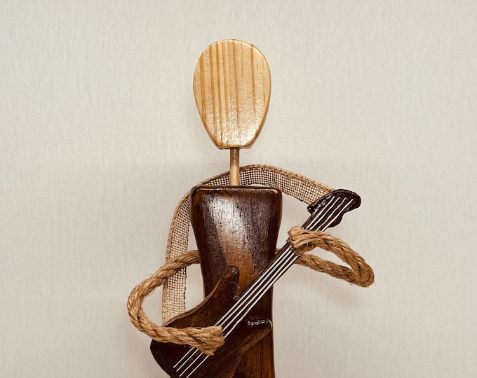 Guitar female hand made faceless wood figurine,