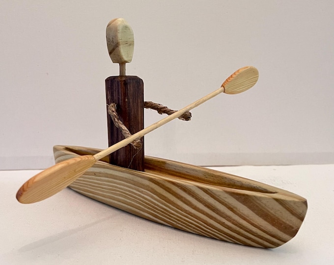Handmade Wood Kayak Figurine: Rustic Stained Finish, 10x9 Inch