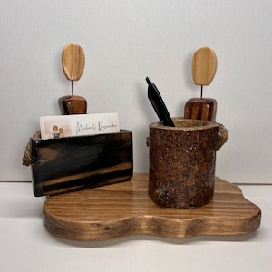 Business card holder and pen holder faceless wood figurine