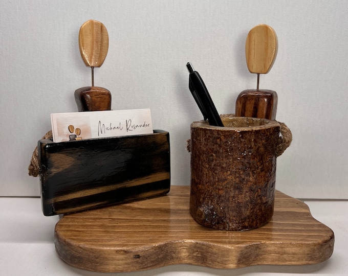 Business card holder and pen holder faceless wood figurine